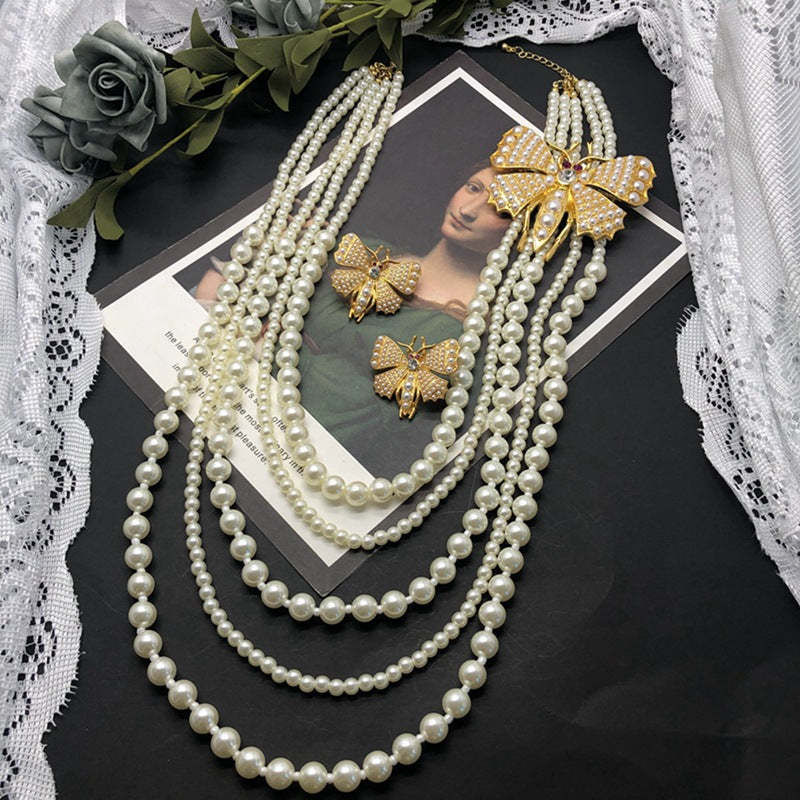 White Golden Butterfly Vintage Multi-layer Pendant Akoya Pearl Diamond Luxury 18k Gold Plated Necklace Earrings Jewelry Set | Mix Mix Style-Mix MIx Style