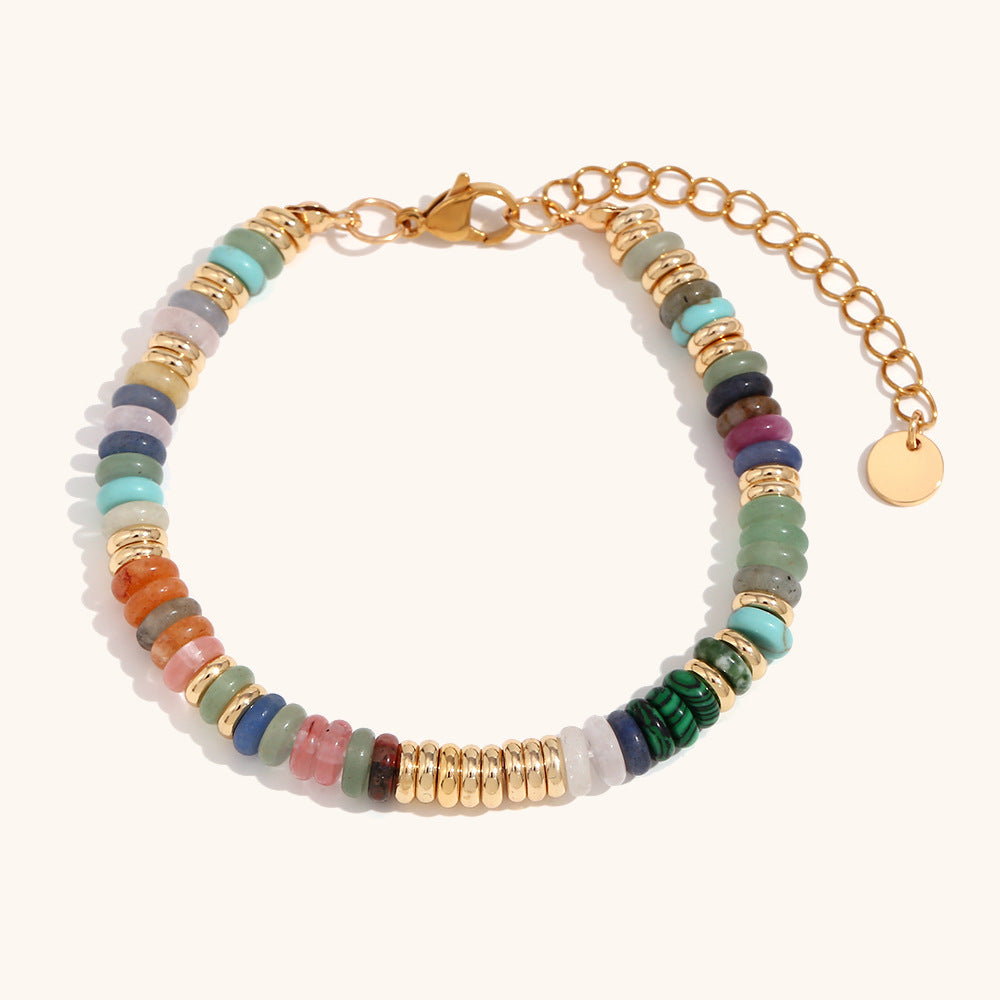 European and American cross-border hot selling Frisbee natural stone retro simple light luxury stainless steel plated 18K gold spacer bead bracelet female-Mix MIx Style