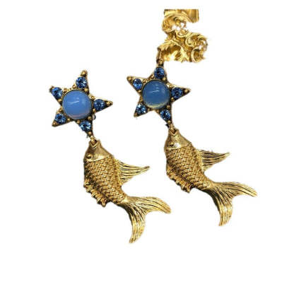 Blue Star Goldfish Shaped Pendant Moissanite Diamonds 18k Vermeil Gold Plated Drop Earrings | Mix Mix Style-Mix MIx Style