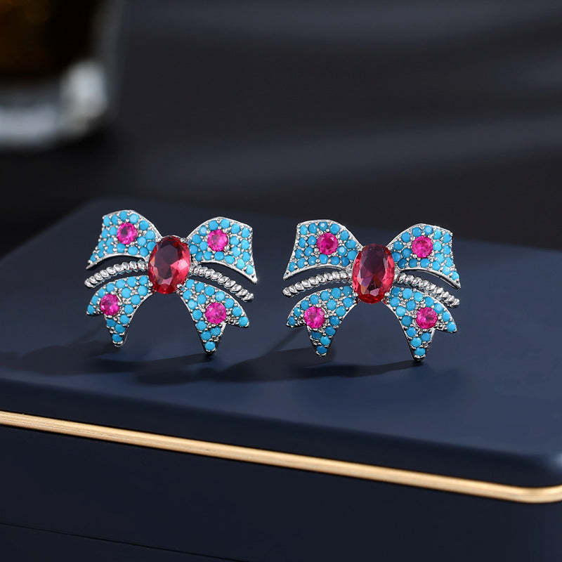 s925 silver French retro earrings niche design simple temperament turquoise zircon inlaid bow earrings-Mix MIx Style