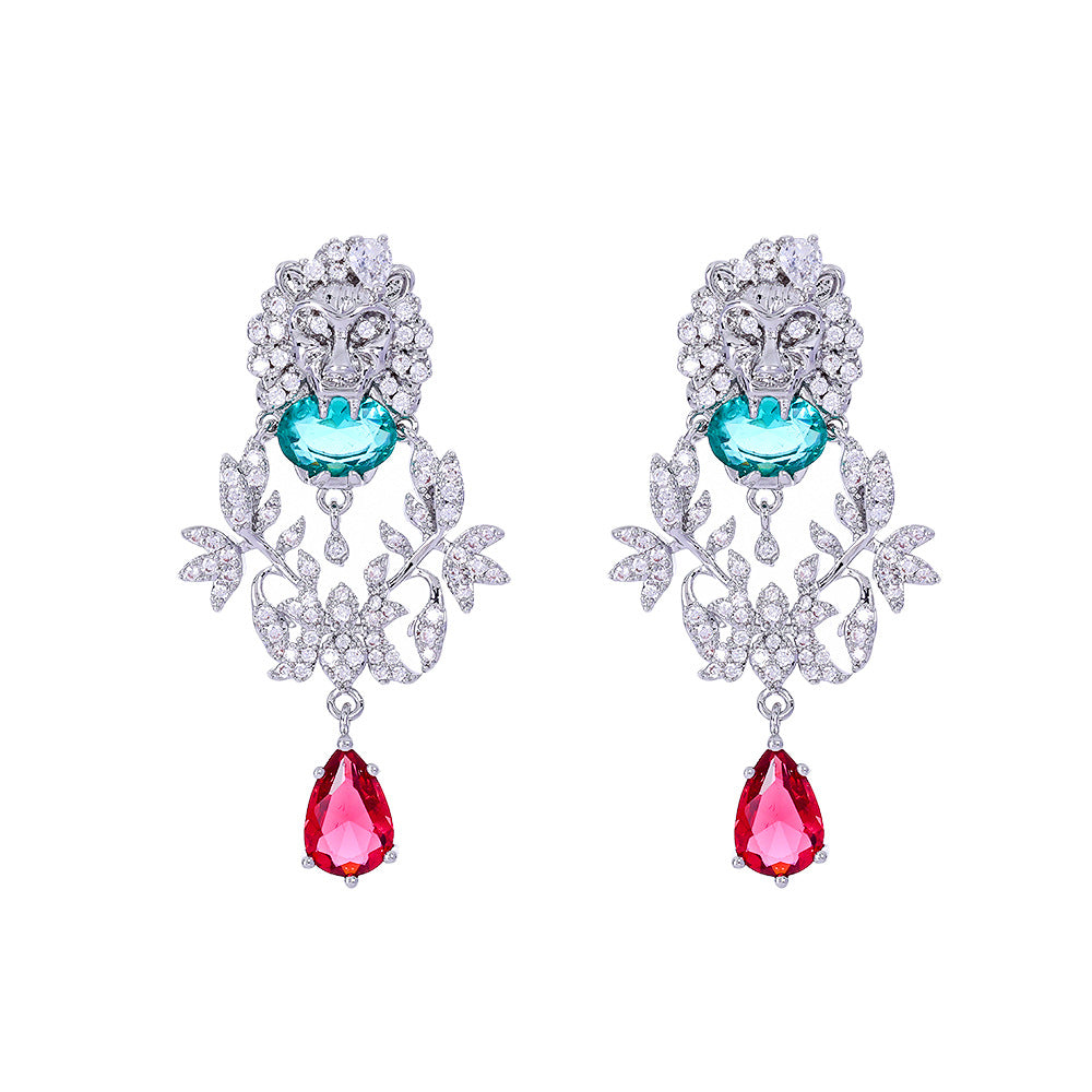 Silver lion head set with zircon water drop gemstone earrings for women S925 silver earrings exquisite luxury heavy industry jewelry-Mix MIx Style