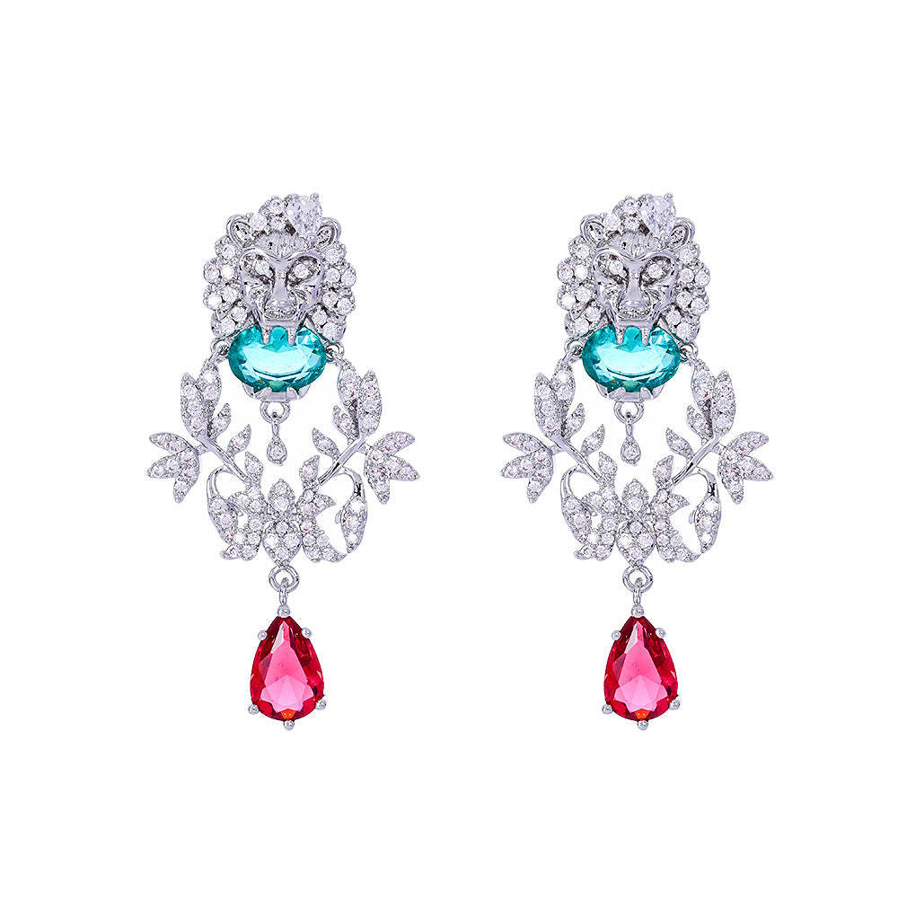 Silver lion head set with zircon water drop gemstone earrings for women S925 silver earrings exquisite luxury heavy industry jewelry-Mix MIx Style