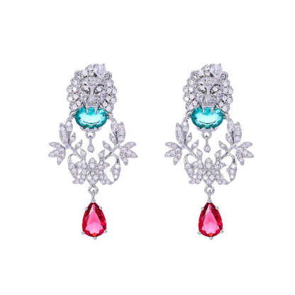 Silver lion head set with zircon water drop gemstone earrings for women S925 silver earrings exquisite luxury heavy industry jewelry-Mix MIx Style