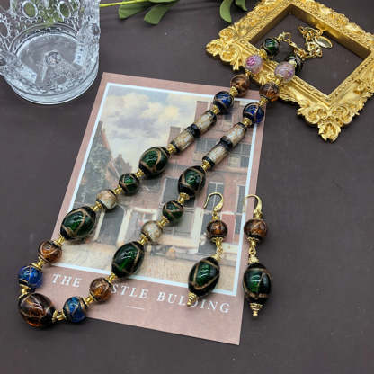 Green Colorful Vintage Retro Bid Beads Classic Luxury 18k Gold Plated Necklace Earring Bracelet Jewelry Set | Mix Mix Style-Mix MIx Style