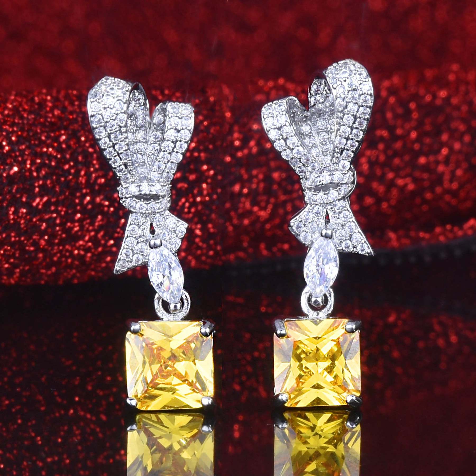 Pink - Yellow Bow Cushion Moissanite Diamonds Luxury 18k White Gold Plated Retro Drop Earrings | Mix Mix Style-Mix MIx Style