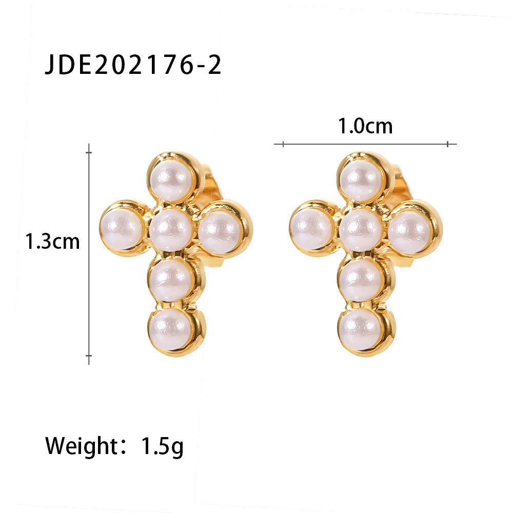 Cross White Akoya Pearl Moissanite Diamonds Elegant 18k Vermeil Gold Plated Vintage Stud Earrings | Mix Mix Style-Mix MIx Style