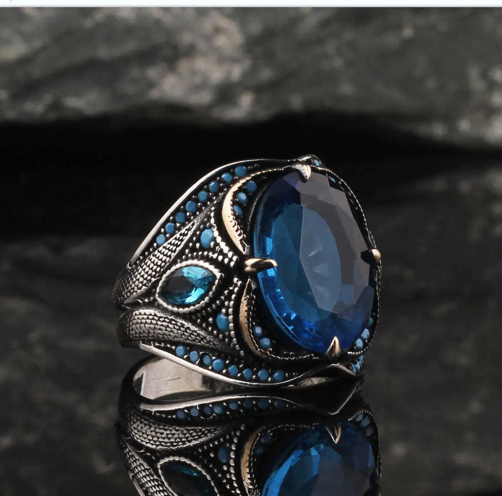 Punk Black Carved Blue Oval Cut Moissanite Diamond 18k White Gold Plat