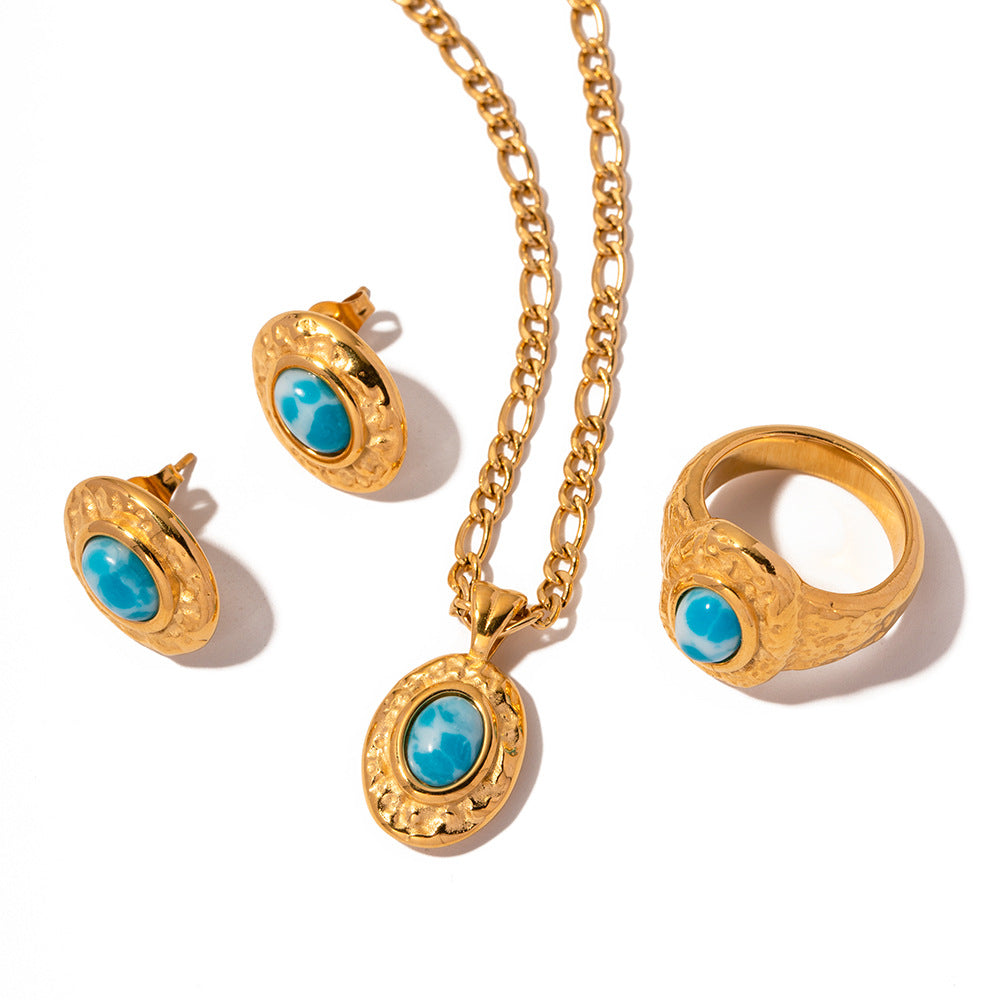 Unique Vintage Blue Turquoise Natural Gem 18K Gold Plated Earrings, Necklace and Ring | Mix Mix Style [Hot Seller]-Mix MIx Style