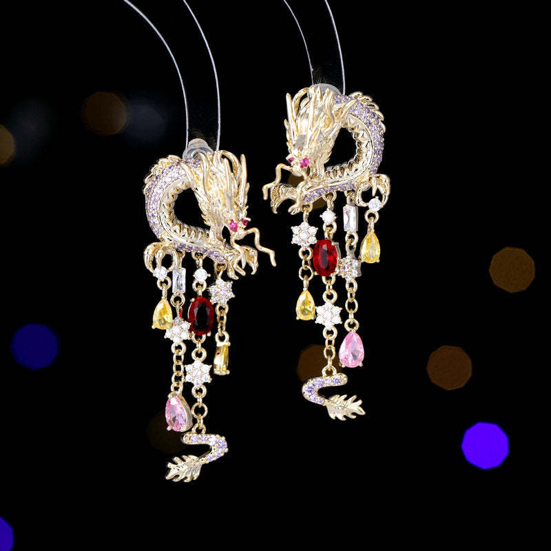 The earrings for the Year of the Dragon in the Zodiac Year of the Dragon are creative, personalized, and designed with a sense of luxury and high-end, long tassels and high-end dragon earrings-Mix MIx Style