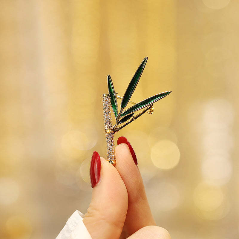 Xiliang Concubine high-end ancient bamboo brooch elegant green enamel leaf zircon brooch cheongsam accessories pin-Mix MIx Style