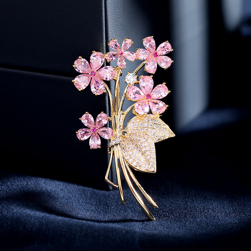 Korean fashion high-end micro-paved zircon flower bouquet collar buckle anti-exposure suit accessories colorful zirconium flower high-end brooch-Mix MIx Style