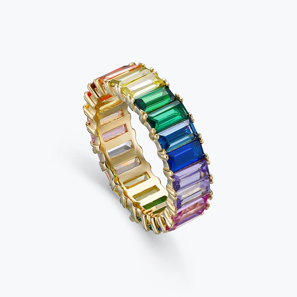 Rainbow Emerald Cut Moissanite Diamond 18k Vermeil Gold Plated Engagement Band Ring | Mix Mix Style-Mix MIx Style