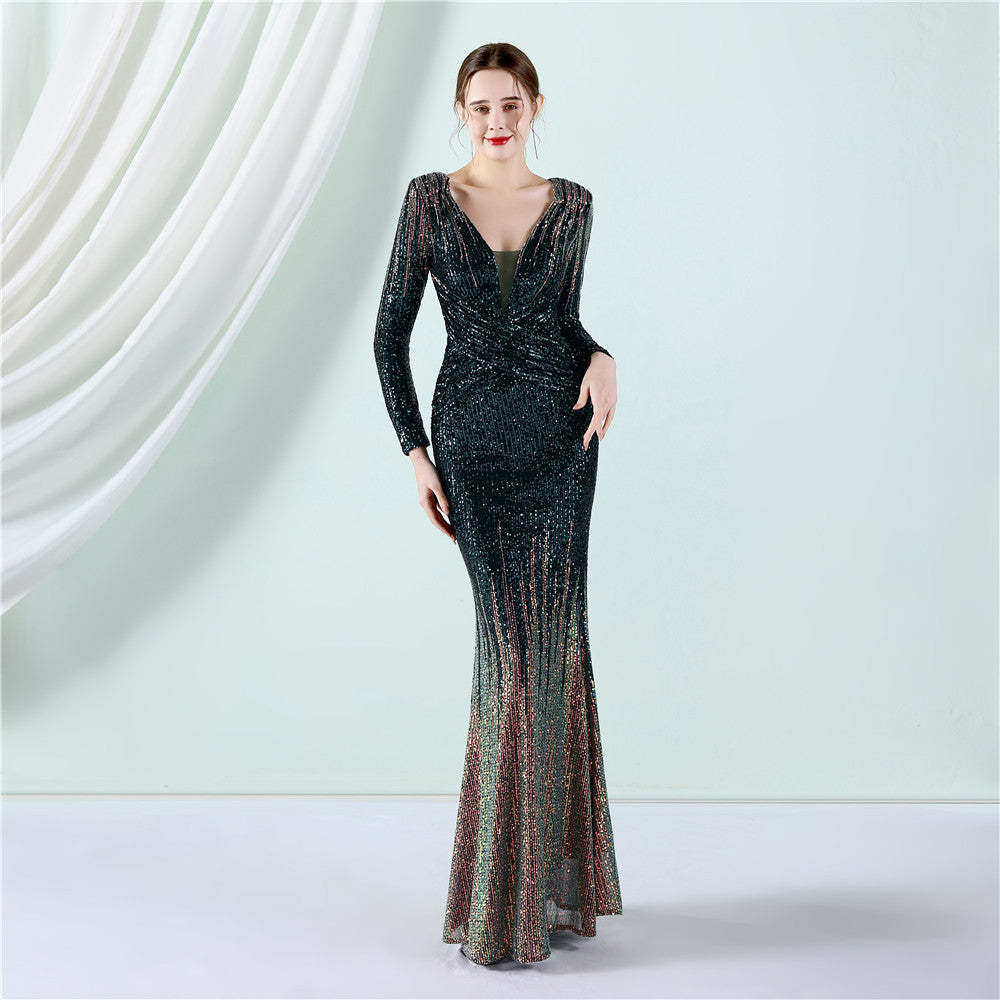 19037# Gradient sequin long-sleeved evening dress 2022 spring and summer new fashion long sequin dress toast dress-Mix MIx Style
