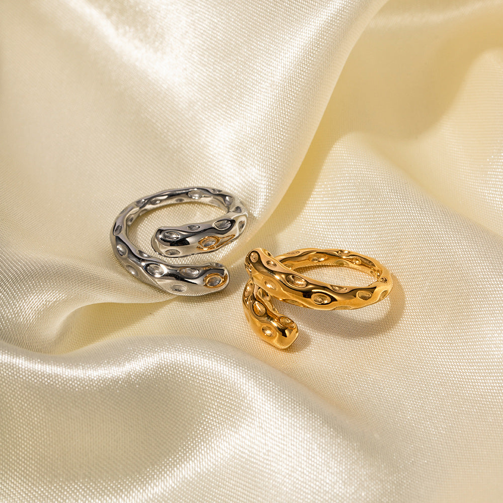 INS French retro hammer pattern ring fashionable temperament titanium steel hand jewelry steel color 18K gold female hammer pattern open ring-Mix MIx Style