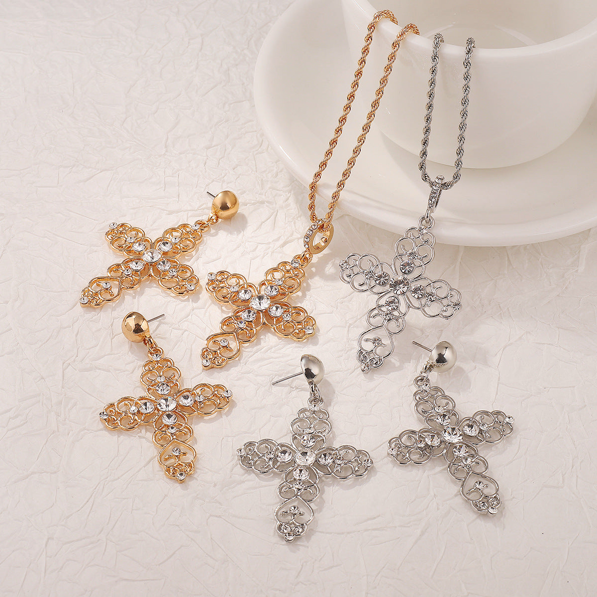 Cross Retro Classic Pendant White Diamonds Luxury 18k Gold Plated Necklace Earrings Jewelry Set | Mix Mix Style-Mix MIx Style