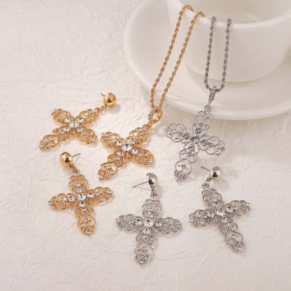 Cross Retro Classic Pendant White Diamonds Luxury 18k Gold Plated Necklace Earrings Jewelry Set | Mix Mix Style-Mix MIx Style