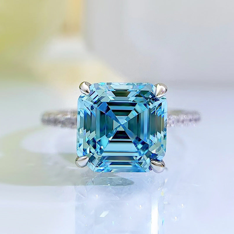 Dainty Ocean Blue Asscher Cut Moissanite Diamond 3ct 18k White Gold Plated Engagement Ring | Mix Mix Style-Mix MIx Style