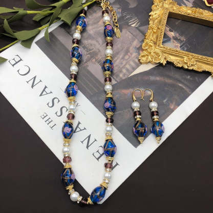 Unique Blue Vintage Retro  White Akoya Pearls Luxury 18k Gold Plated Necklace Earring Jewelry Set | Mix Mix Style-Mix MIx Style