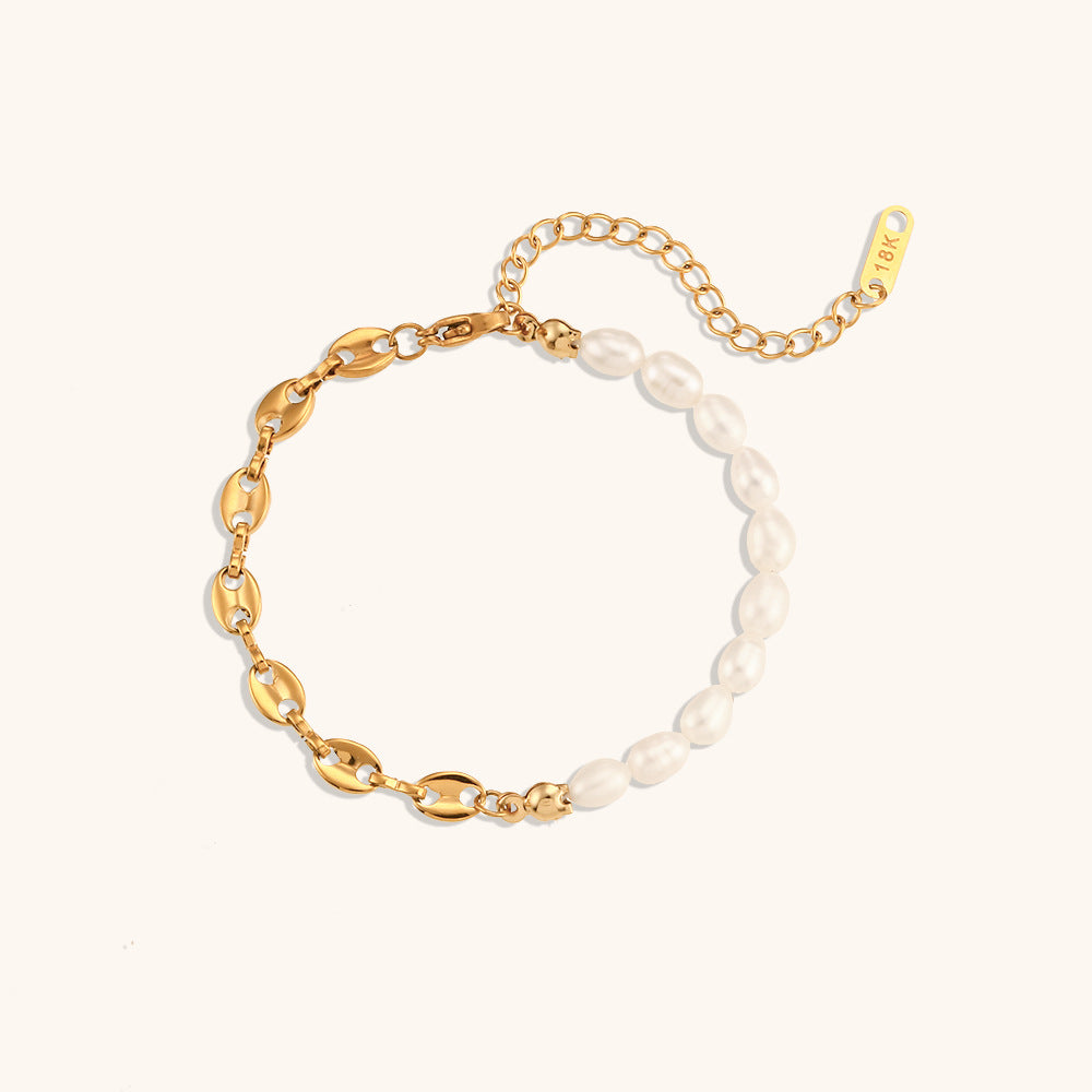 Half Akoya Pearl & Chain Vintage Luxury 18k Gold Plated Necklace Bracelet Jewelry Set | Mix Mix Style-Mix MIx Style