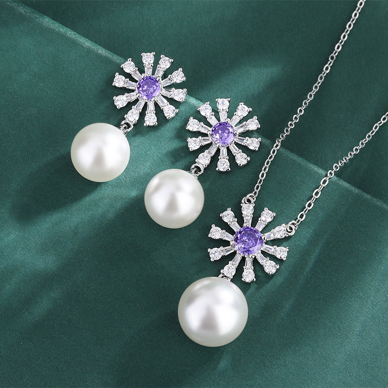 Vintage Purple Pendant Akoya Pearl Purple Diamond Luxury 18k White Gold Plated Necklace & Earring Jewelry Set | Mix Mix Style-Mix MIx Style