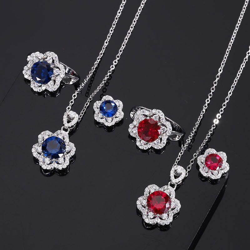 2023 New S925 Silver Jewelry Simulated Red Sapphire Round Niche Set Main Stone 8mm-6mm-Mix MIx Style