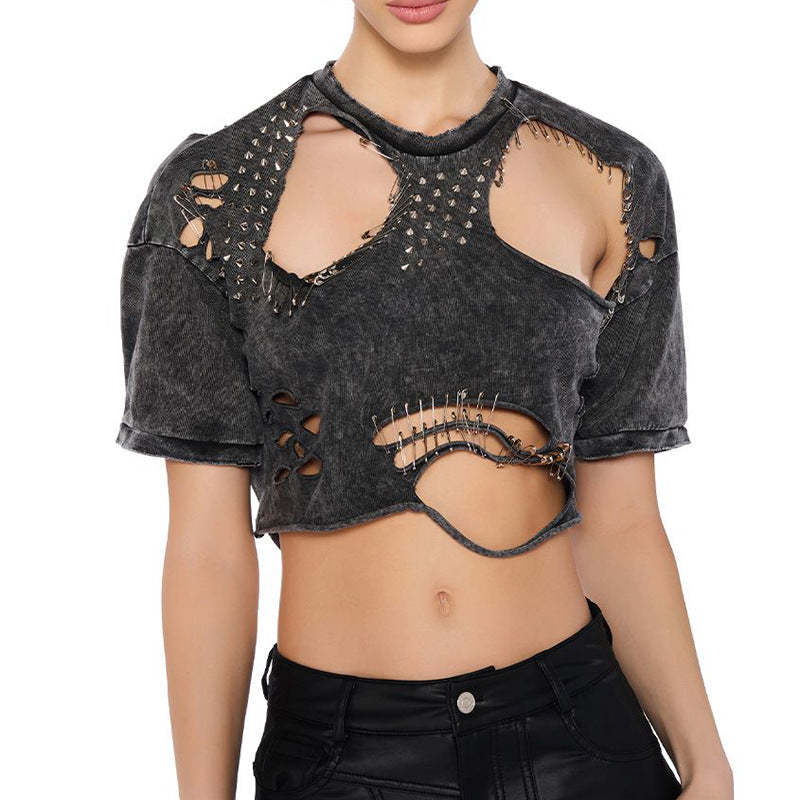 Personalized trendy tops 2024 spring and summer new fashion round neck hole pin design short T-shirt for women-Mix MIx Style