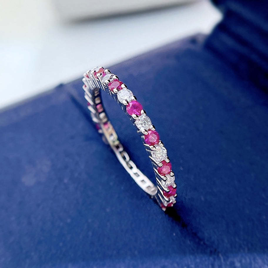 Colorful Dainty Round Cut Moissanite Diamonds Row 18k White Gold Engagement Band Ring | Mix Mix Style-Mix MIx Style