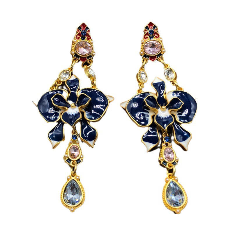 Blue - Pink Flower Shaped Drop Pear Cut Moissanite Diamonds Luxury 18k Vermeil Gold Plated Drop Earrings | Mix Mix Style-Mix MIx Style