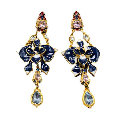 Blue - Pink Flower Shaped Drop Pear Cut Moissanite Diamonds Luxury 18k Vermeil Gold Plated Drop Earrings | Mix Mix Style-Mix MIx Style