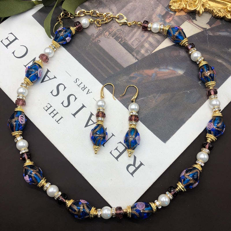 Unique Blue Vintage Retro  White Akoya Pearls Luxury 18k Gold Plated Necklace Earring Jewelry Set | Mix Mix Style-Mix MIx Style