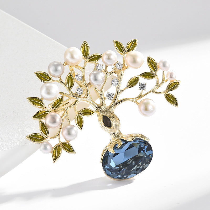Light luxury high-grade retro Austrian crystal fortune tree temperament freshwater pearl brooch anti-exposure accessories for women-Mix MIx Style