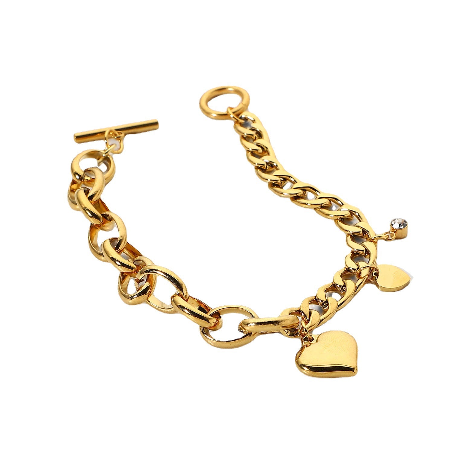European and American Cuban chain oval chain double spelling love small round zirconium pendant OT buckle bracelet 18K gold-plated stainless steel bracelet-Mix MIx Style