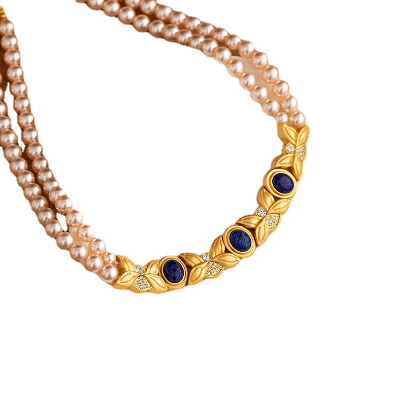 Thick Double-layer Retro Pendant Blue Oval Diamond Elegant 18k Vermeil Gold Plated Necklace Earring Jewelry Set | Mix Mix Style-Mix MIx Style