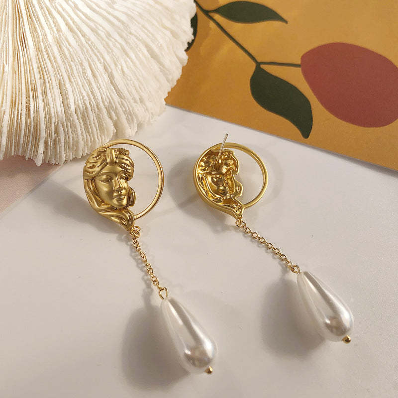 European and American pearl earrings for women S925 sterling silver retro earrings hollow portrait metal earrings ins earrings-Mix MIx Style