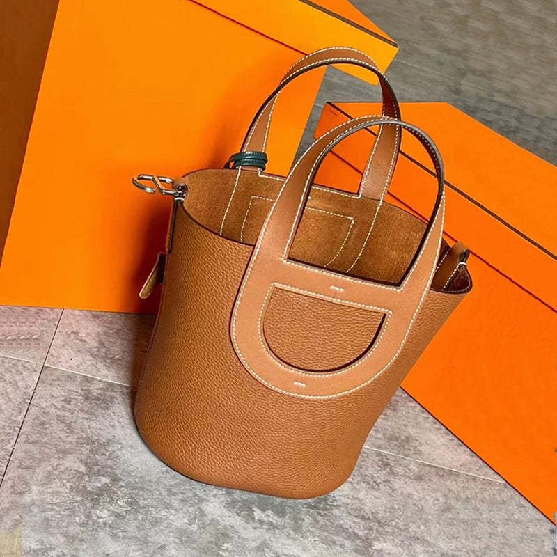 brown - grey - white bucket small genuine elather urban fashion handbag | Mix Mix Style-Mix MIx Style