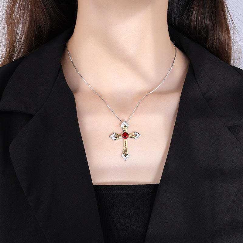 Red Retro Cross Pendant Cushion Cut Diamond Luxury 18k Gold Plated Necklace Jewelry | Mix Mix Style-Mix MIx Style