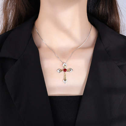 Red Retro Cross Pendant Cushion Cut Diamond Luxury 18k Gold Plated Necklace Jewelry | Mix Mix Style-Mix MIx Style