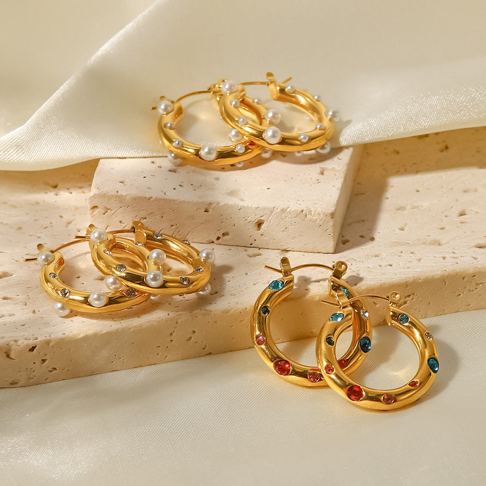 18K Gold Plated Pearl and Moissanites Hoop Earrings | Mix Mix Style [Hot Seller]-Mix MIx Style