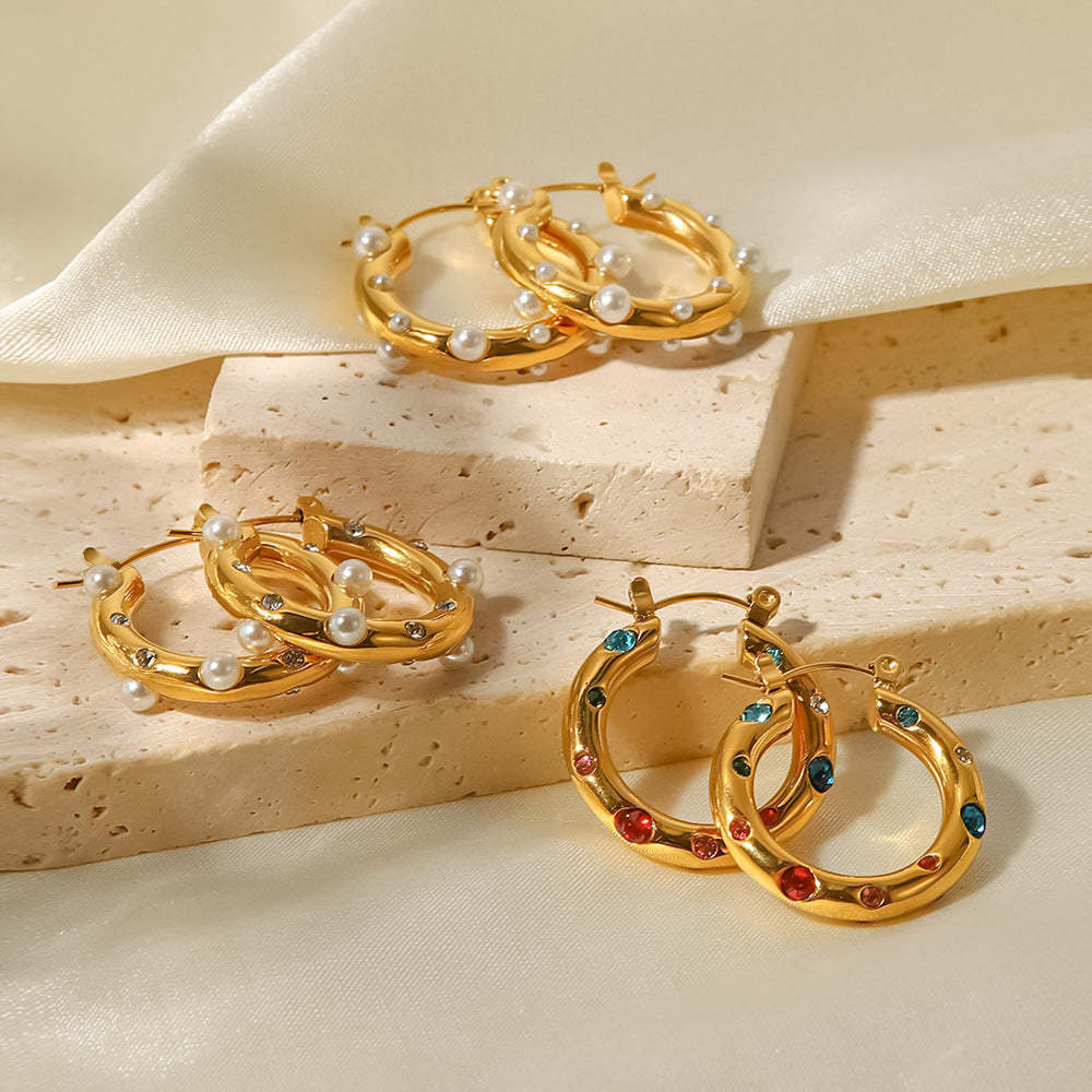18K Gold Plated Pearl and Moissanites Hoop Earrings | Mix Mix Style [Hot Seller]-Mix MIx Style