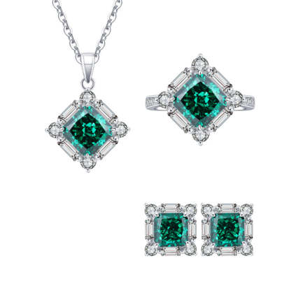 2023 New S925 Silver High Carbon Emerald Green Diamond Princess Cut Diamond Set Female Main Stone 8*8-7*7-Mix MIx Style