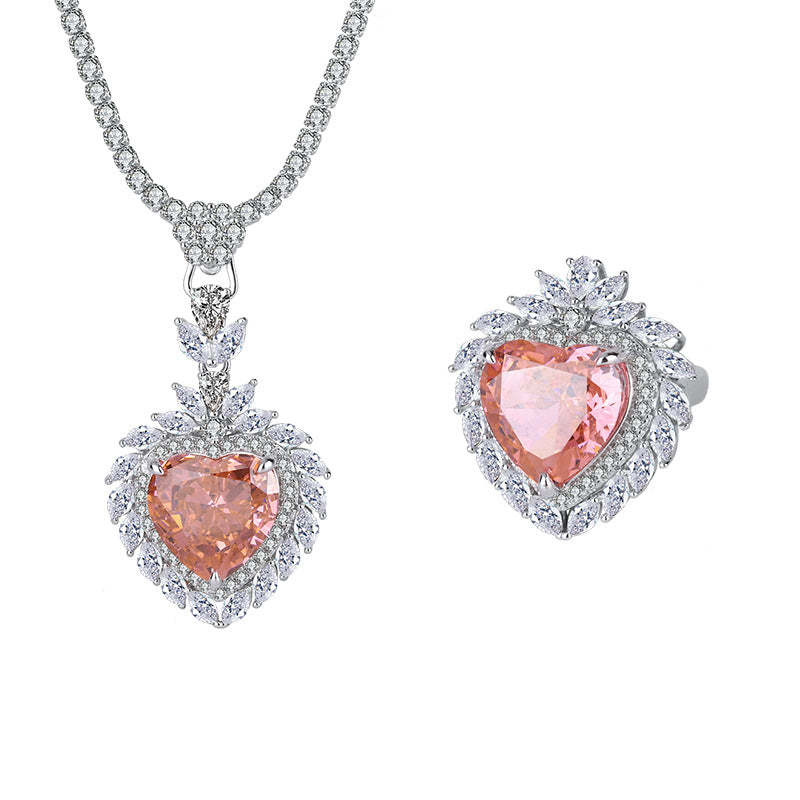 Douyin's best-selling style, elegant and dignified high-carbon diamond ring Padparadscha heart-shaped ring pendant set S925 silver-Mix MIx Style