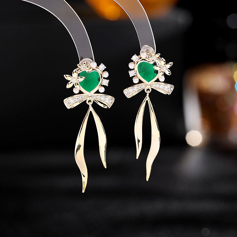 Korean style fresh temperament sweet girl heart earrings zircon earrings s925 silver needle ribbon bow love earrings-Mix MIx Style