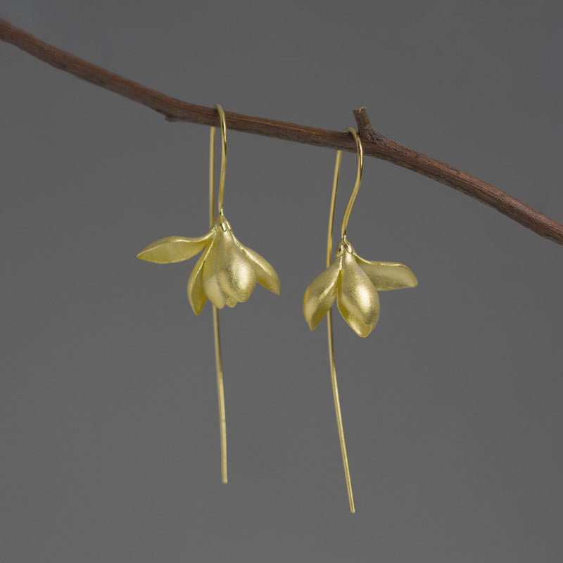 Search for original Xinyiwu sterling silver literary style new Chinese style three-dimensional magnolia flower Jiangnan temperament long earrings-Mix MIx Style