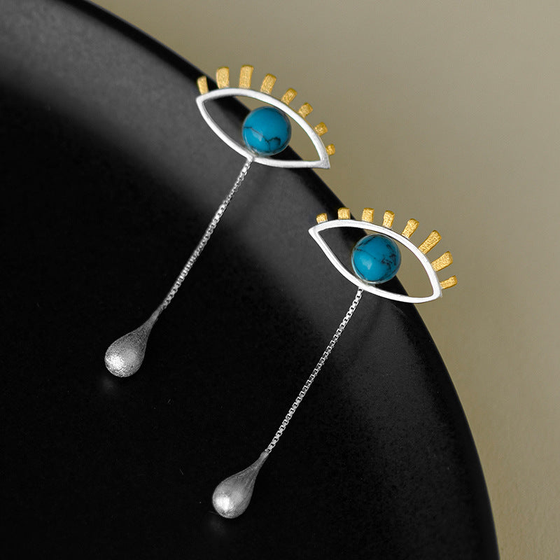 Devil's Eye Shaped Water Drop Round Shaped Blue Gemstone 18k White/Vermeil Gold Plated Drop Earrings | Mix Mix Style-Mix MIx Style