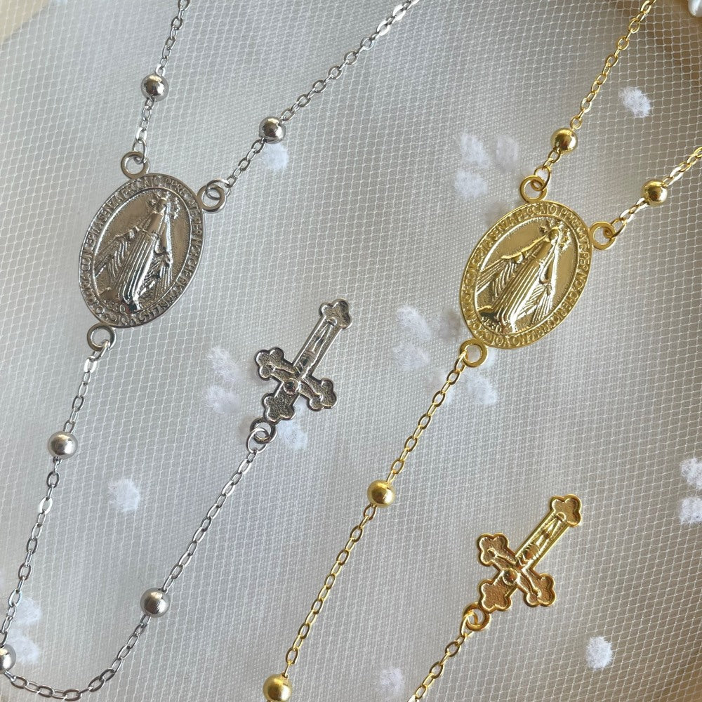 S925 sterling silver necklace female retro fashion simple personality Maria cross pendant long round bead clavicle chain-Mix MIx Style
