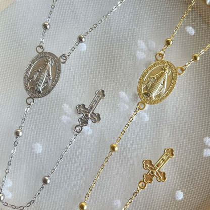S925 sterling silver necklace female retro fashion simple personality Maria cross pendant long round bead clavicle chain-Mix MIx Style