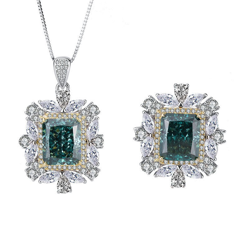 Dark Green Retro Square Pendant Radiant Diamond 5ct Luxury 18k Gold Plated Necklace & Ring Jewelry Set | Mix Mix Style-Mix MIx Style