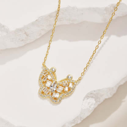 S925 sterling silver butterfly necklace women's marquise-shaped rectangular inlaid butterfly design exquisite clavicle chain neck accessories-Mix MIx Style