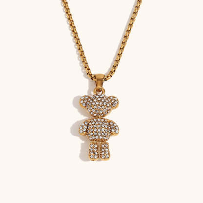 Embellished Diamond Teddy Bear Retro Pendant Luxury 18k Gold Plated Necklace Jewelry | Mix Mix Style-Mix MIx Style