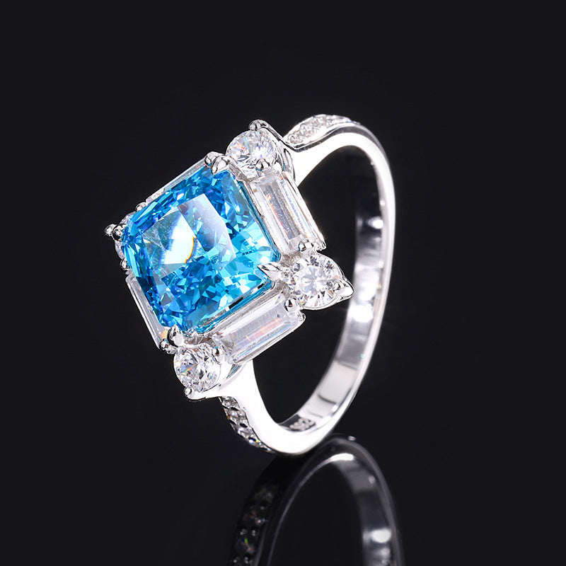 2023 New S925 Silver High Carbon Diamond Aquamarine Princess Square Diamond Set Female Main Stone 8*8-7*7-Mix MIx Style